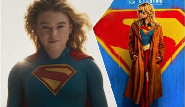 A digital illustration featuring Supergirl, portrayed with curly hair and a confident expression, in her iconic blue and red superhero suit on the left, alongside a stylized version of Supergirl in a brown coat and red boots against a vibrant background with the Superman logo.