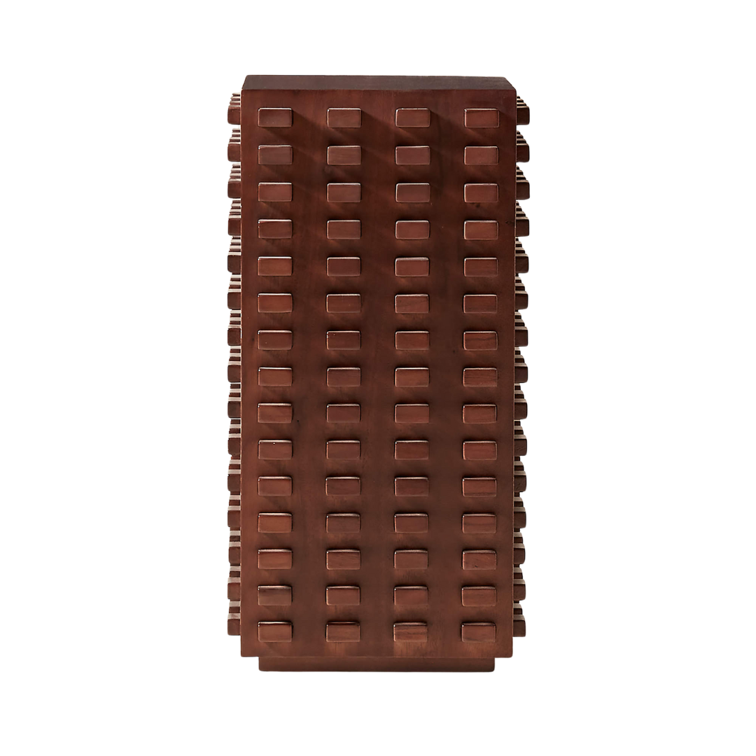 CB2, Toron Dark Brown Acacia Wood Short Pedestal Table