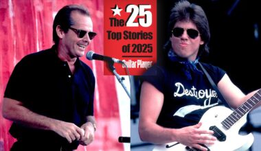 LEFT: American actor Jack Nicholson onstage at the Live Aid benefit concert, Philadelphia, Pennsylvania, July 13, 1985. RIGHT: American Blues and rock musician George Thorogood performs onstage during the Live Aid benefit concert at Veteren's Stadium, Philadelphia, Pennsylvania, July 13, 1985.