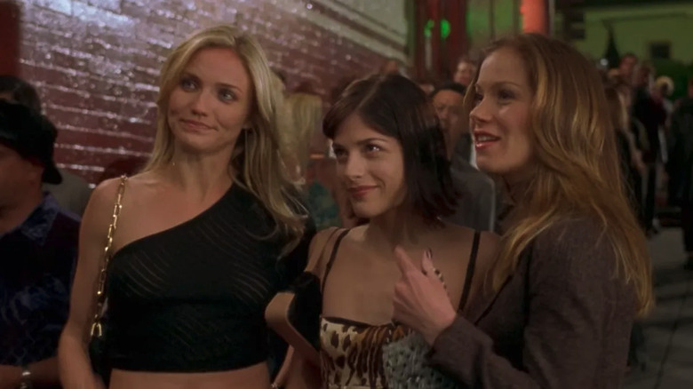 Cameron Diaz as Christina, Selma Blair as Jane, and Christina Applegate as Courtney trying to get into a club in The Sweetest Thing