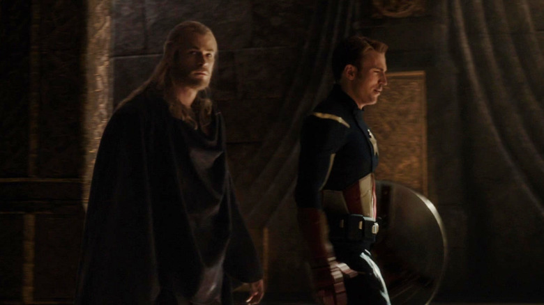 Thor walking next to Loki (disguised as Captain America) in Thor: The Dark World