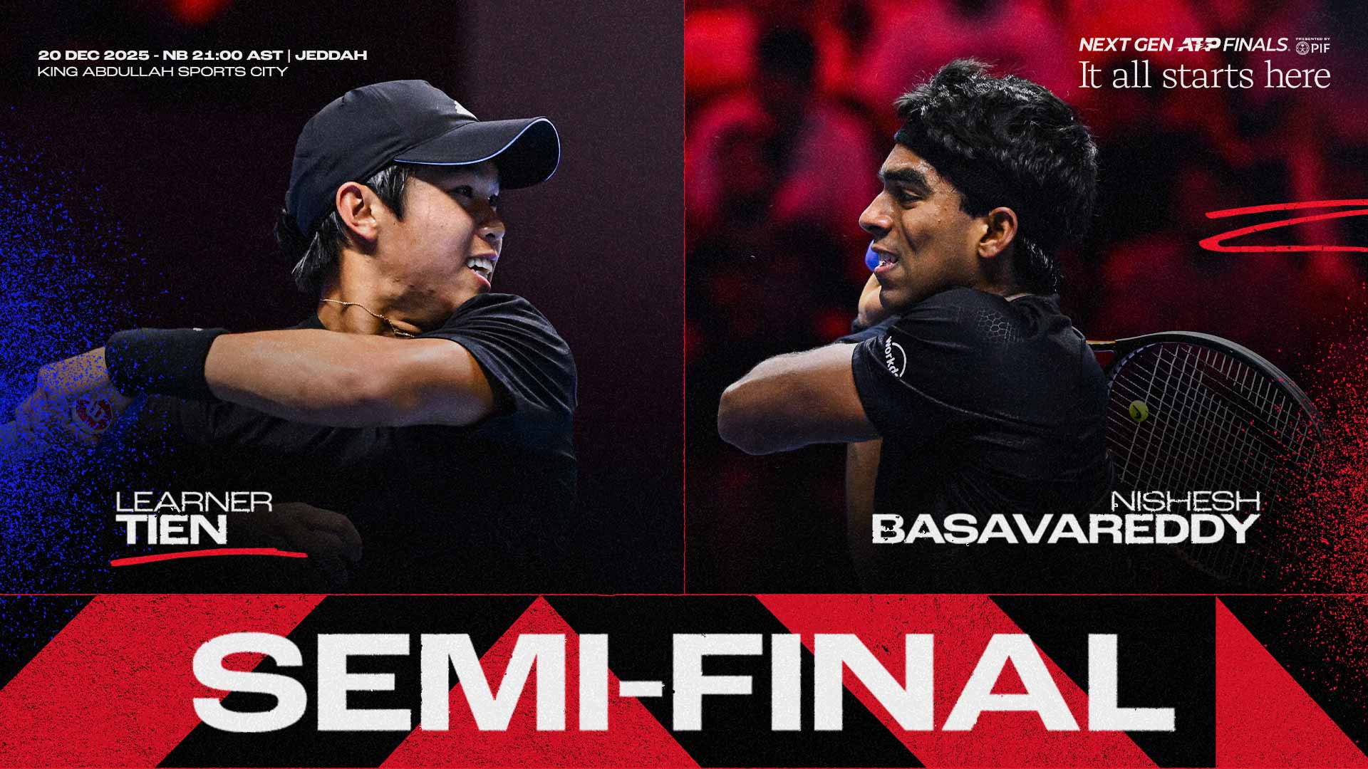 Learner Tien faces Nishesh Basavareddy in the semi-finals of the Next Gen ATP Finals presented by PIF.