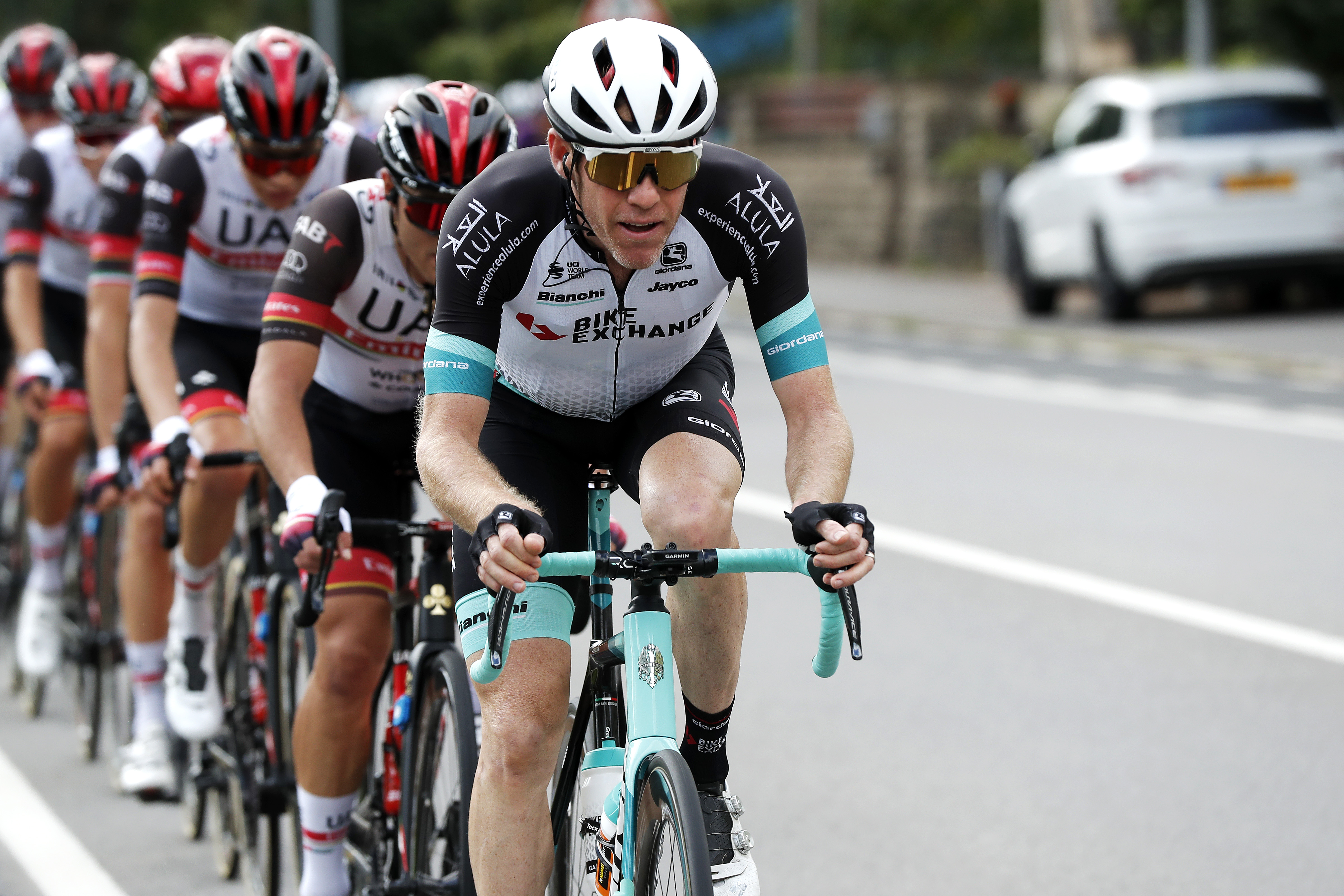MAMER, LUXEMBOURG - SEPTEMBER 16: Brent Bookwalter of United States and Team BikeExchange leads The Peloton during the 81st Skoda-Tour De Luxembourg 2021, Stage 3 a 189,3km stage from Mondorf-Les-Bains to Mamer 300m / #skodatour / @skodatour / on September 16, 2021 in Mamer, Luxembourg. (Photo by Bas Czerwinski/Getty Images)