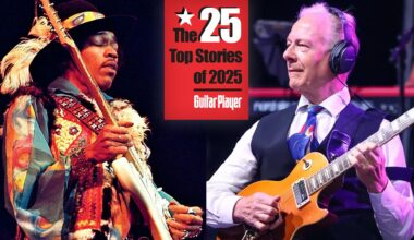 LEFT: Jimi Hendrix (1942-1970) performs live on stage playing a white Fender Stratocaster guitar with The Jimi Hendrix Experience at the Royal Albert Hall in London on 18th February 1969. RIGHT: Robert Fripp performing at Wickham Festival 2023.