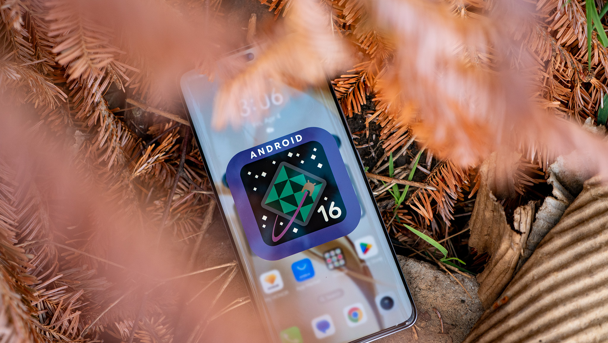 A purple and green Android 16 logo on an Honor 200 Pro