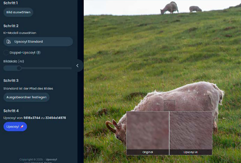 In der Zoomansicht sind die qualitativen Unterschiede zwischen der Ergebnisdatei und dem Original deutlich zu erkennen.