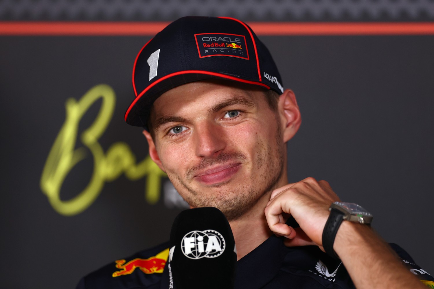Race winner Max Verstappen of the Netherlands and Oracle Red Bull Racing in the Drivers Press Conference during the F1 Grand Prix of Azerbaijan at Baku City Circuit on September 21, 2025 in Baku, Azerbaijan. (Photo by Clive Rose/Getty Images) // Getty Images / Red Bull Content Pool //