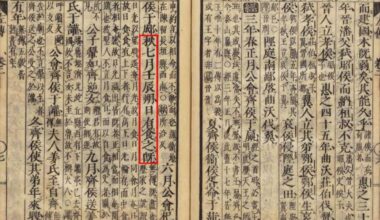 A photograph of an ancient Chinese text with vertical characters with a column circled in red