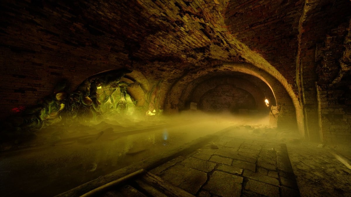 A vault in Witchfire, with a sort of fog on the ground.