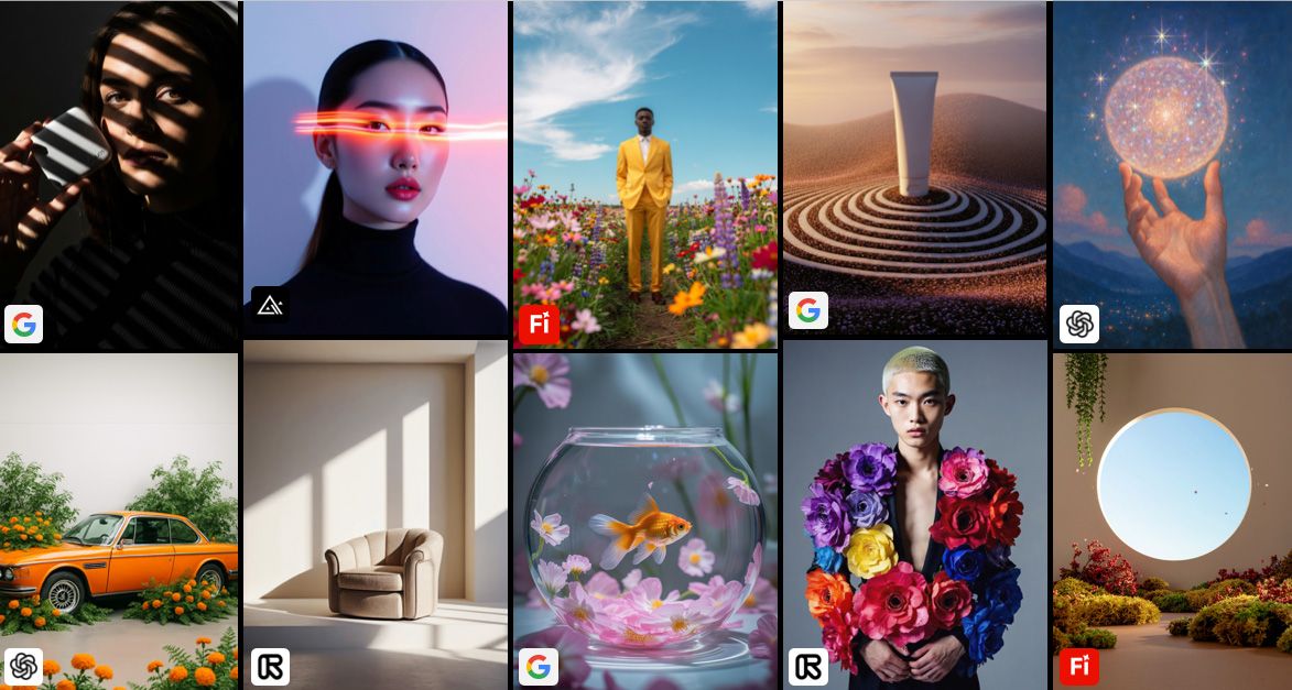A grid of ten various AI-generated images, including portraits, a landscape with a man in a yellow suit, a product shot, a hand holding a glowing orb, an orange car in a garden, a chair in a room, a goldfish in a bowl, a person wearing a coat of colorful flowers, and a scenic view through a circular window.