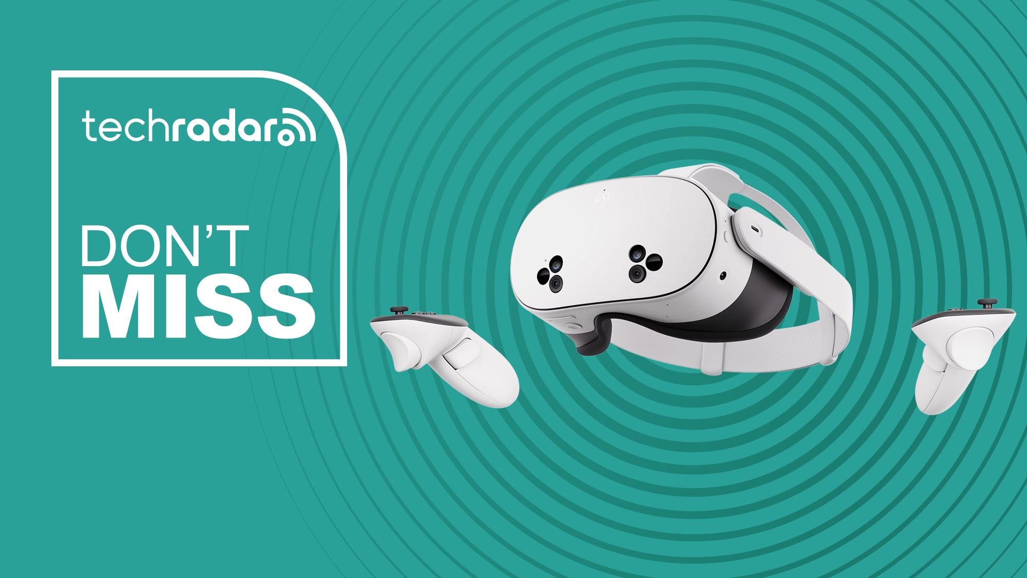 Meta Quest 3S VR headset on cyan background with TechRadar don't miss sign
