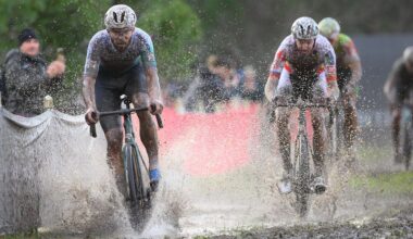 Dutch Joris Nieuwenhuis and Belgian Michael Vanthourenhout pictured in action during the men's elite race of the Cyclocross World Cup, in Terralba, Sardinia, Italy, Sunday 07 December 2025, stage 3 (out of 12) in the World Cup of the 2026-2027 season.BELGA PHOTO DAVID PINTENS (Photo by DAVID PINTENS / BELGA MAG / Belga via AFP)
