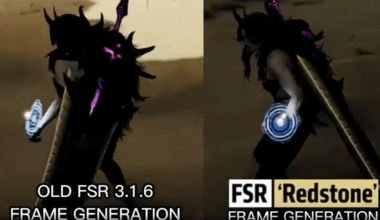 A side-by-side comparison of a game showing FSR Redstone vs an older version of AMD FSR