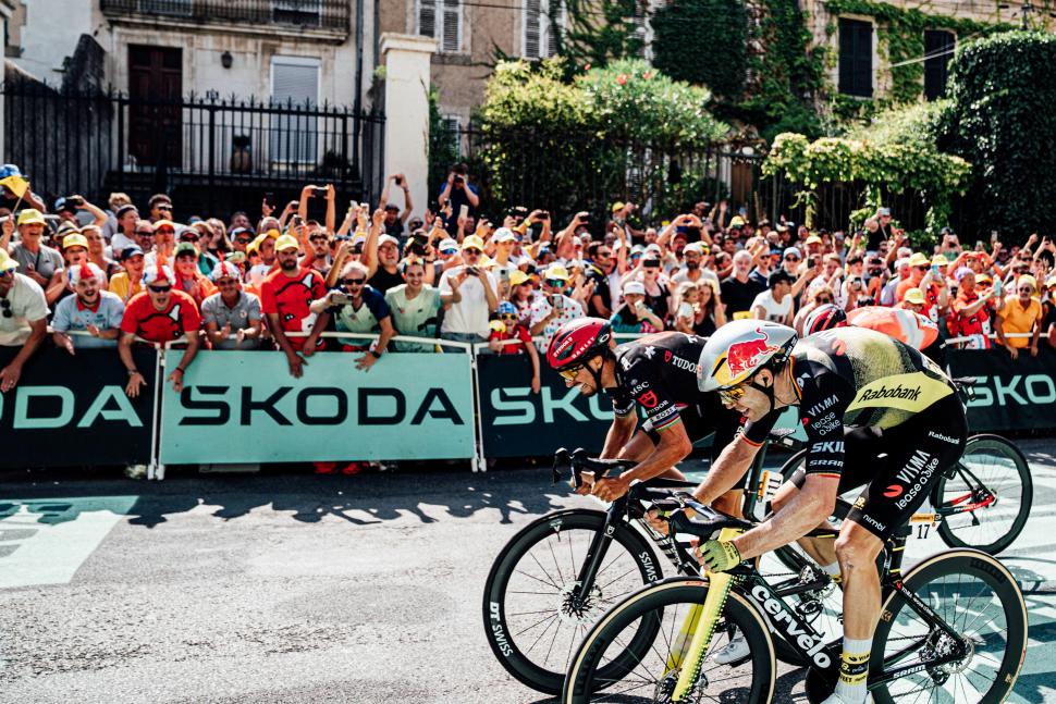 Julian Alaphilippe sprints for third against Wout van Aert in Carcassonne, stage 15, 2025 Tour de France