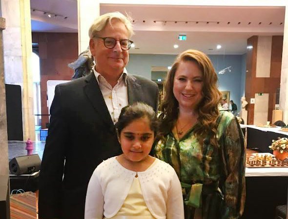 Dominic Lawson, Bodhana Sivanandan, and Judit Polgar at the 2024 Budapest's Global Chess Festival.