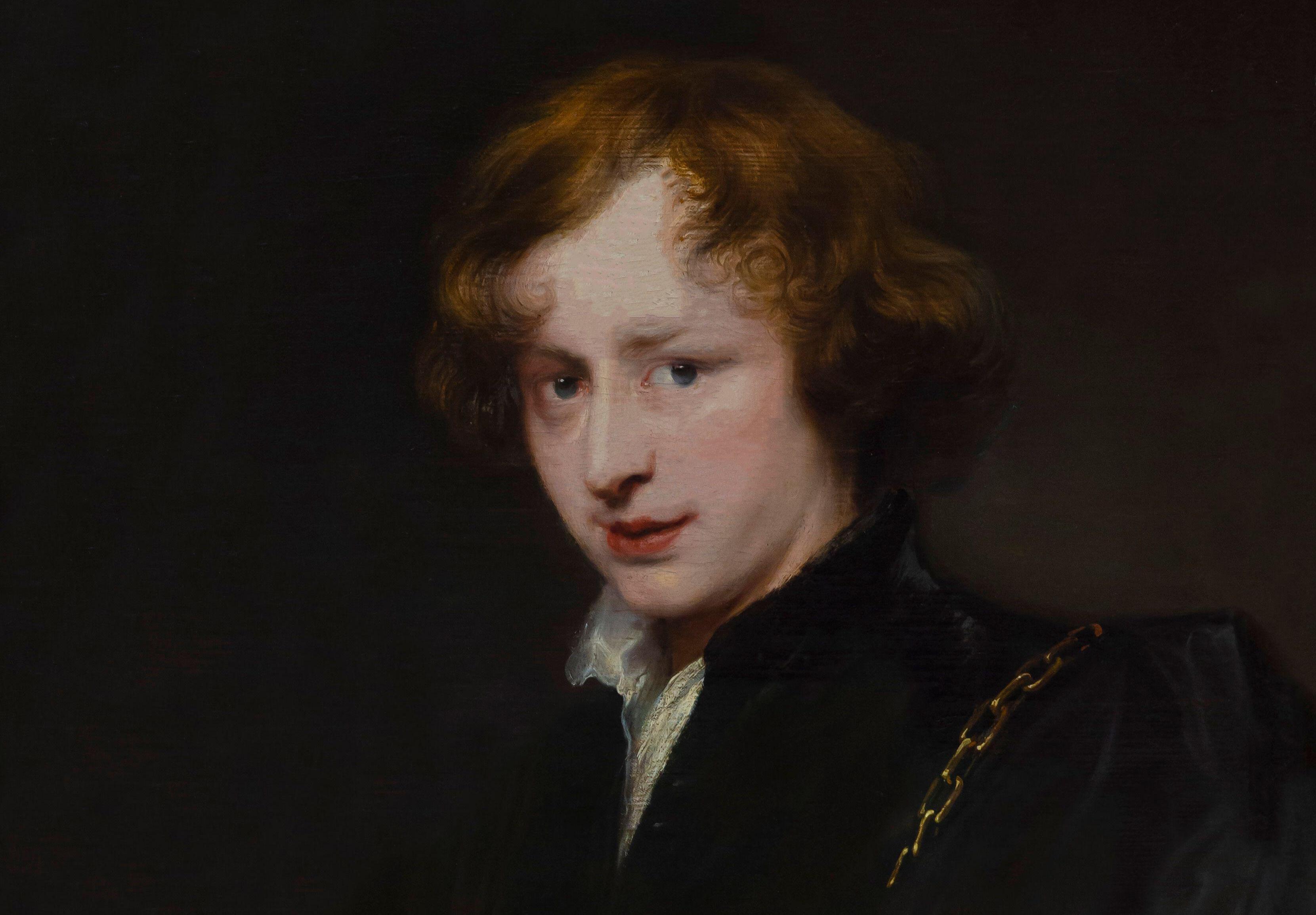 Self-Portrait by Anthony van Dyck, depicting a young man with curly reddish-brown hair and a pale complexion, wearing a dark coat with a gold chain.