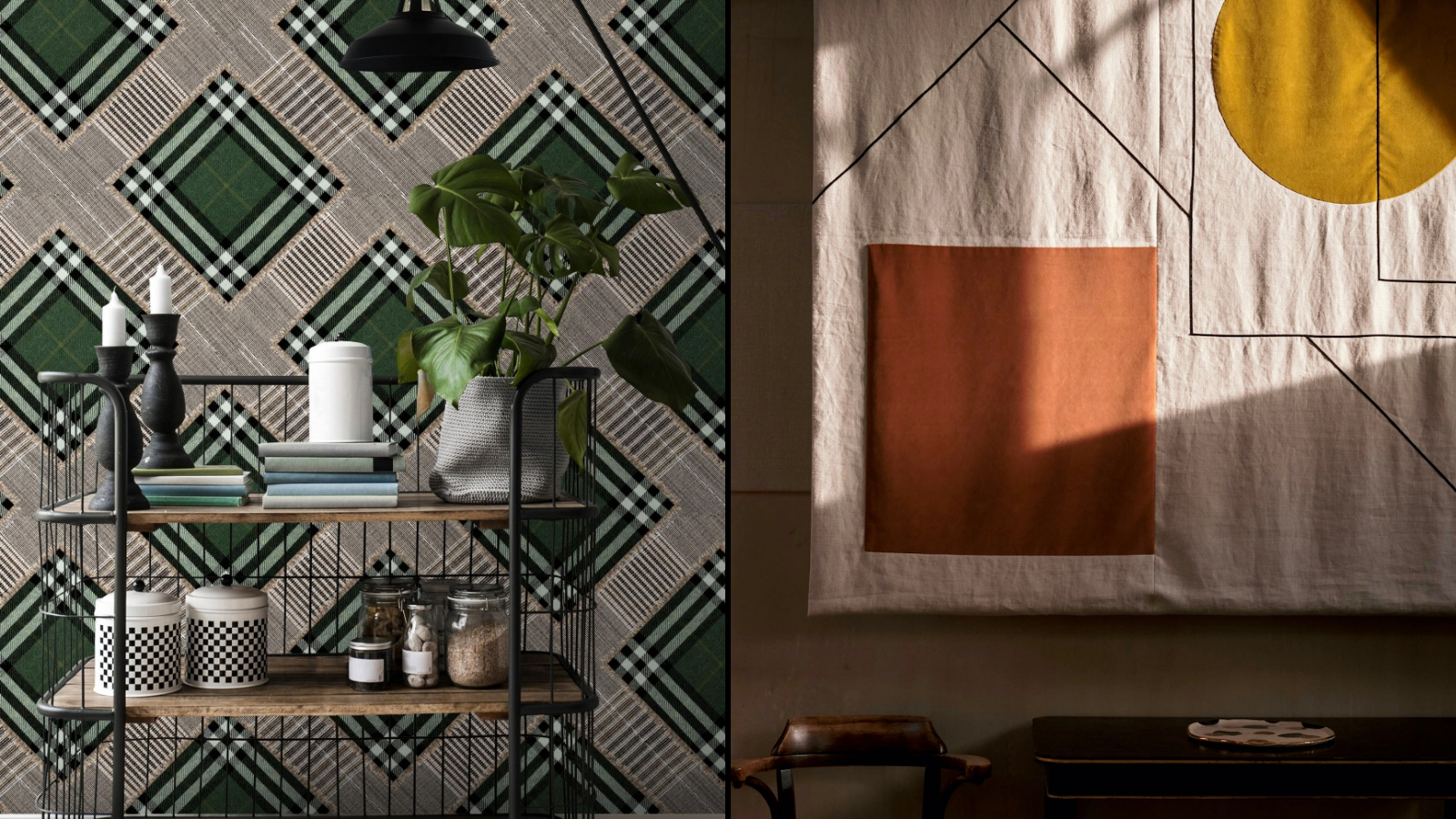 A shelving unit with various items, including candles, books, and jars, against a green and white plaid wallpaper, next to a wall hanging with geometric shapes in orange and yellow.