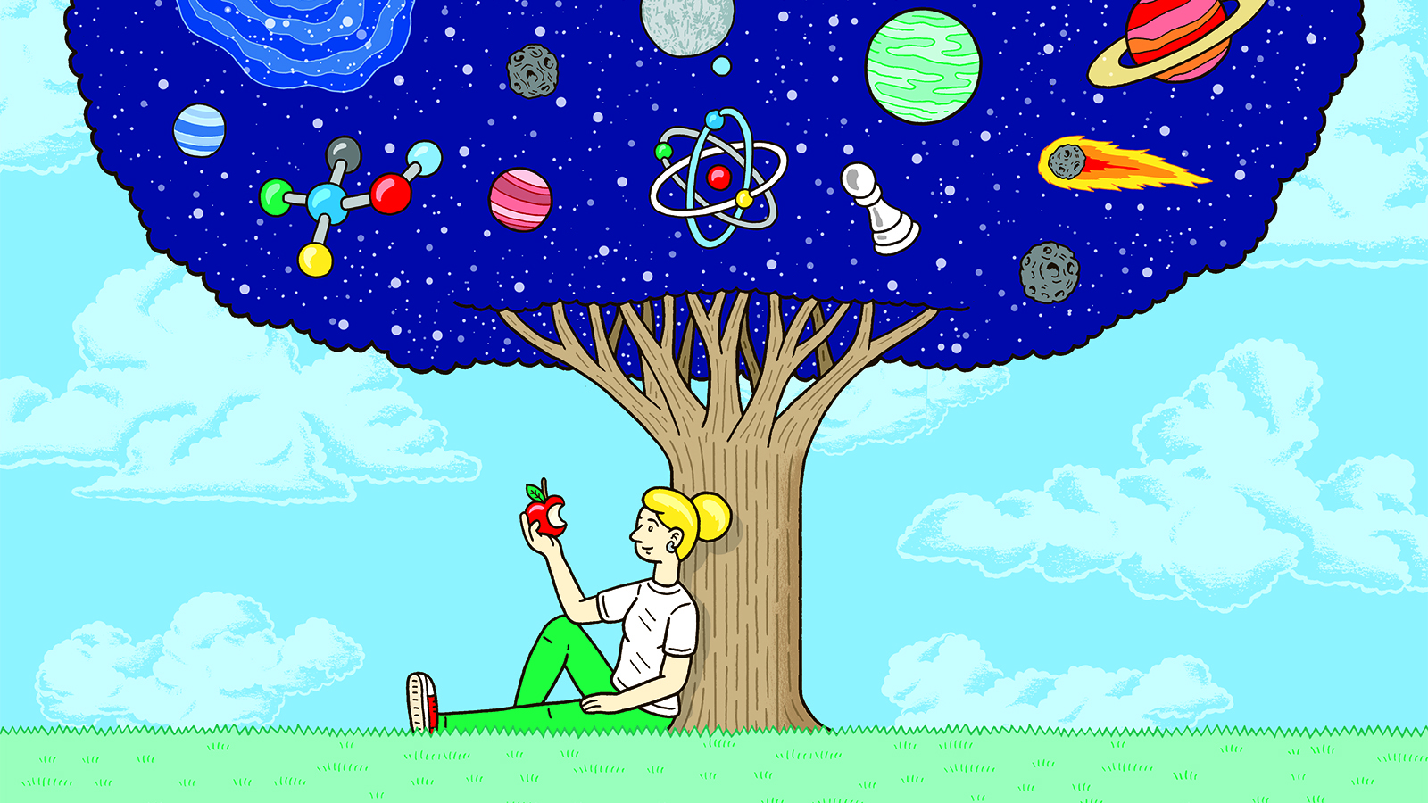 Illustration of a person holding a bitten apple under a tree with a canopy filled with scientific symbols.
