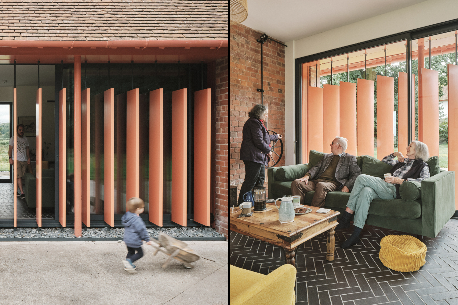 Collage of a child with a toy wheelbarrow outside a modern home with vertical terracotta slats, and an interior view of older adults sitting on a green sofa, with the same terracotta slats visible through large windows.