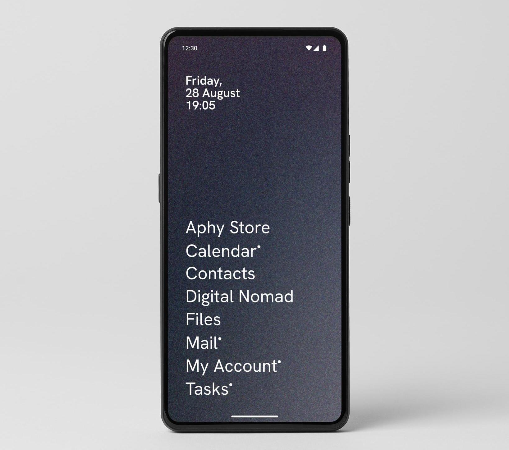 Punkt. MC03 Premium Secure Smartphone displaying a list of apps and the date/time.