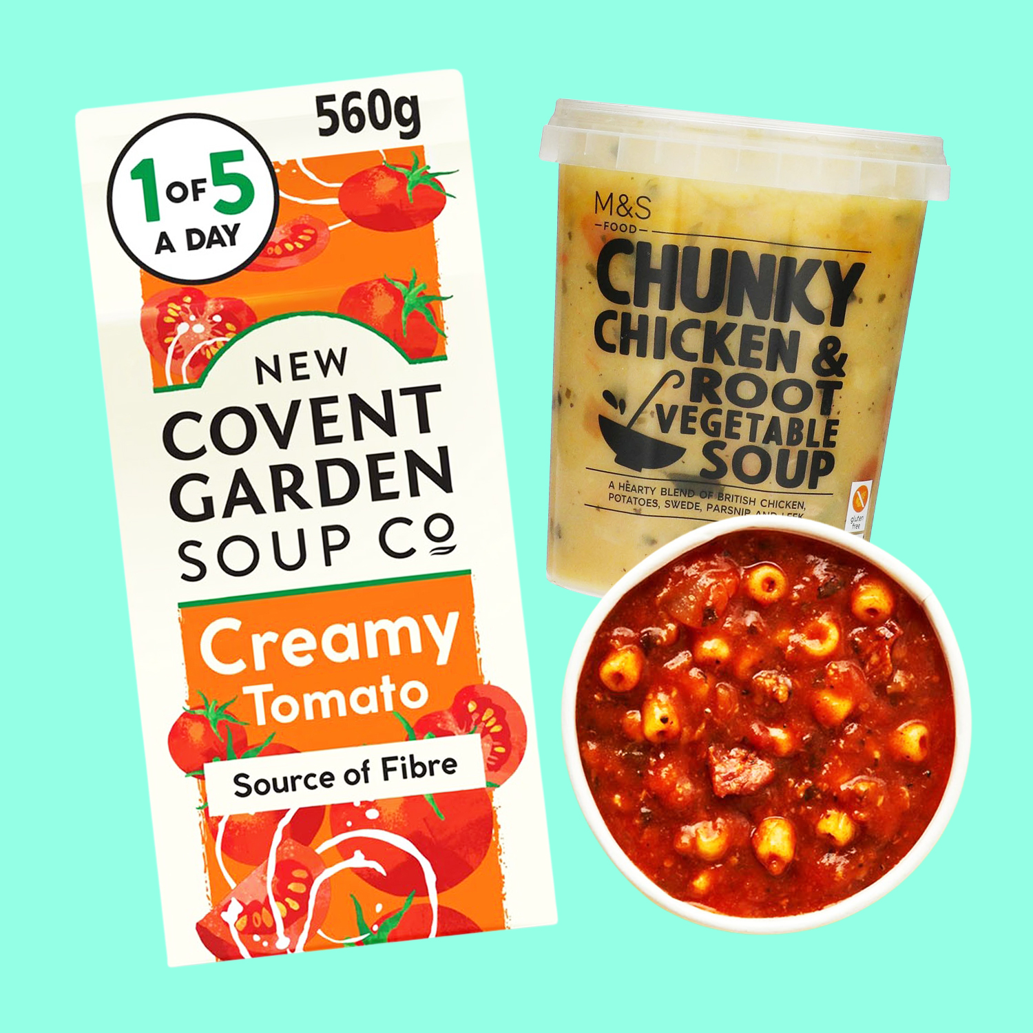 Two soup containers and a bowl of soup.