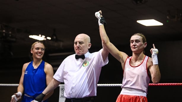 Kellie McLoughlin of St Catherine's BC, Dublin, right, is declared victorious over Ella McDonald of Corpus Christi BC, Belfast, during their 60kg semi-final bout on day two of the 2026 National Elite Boxing Championships at the National Stadium in Dublin.