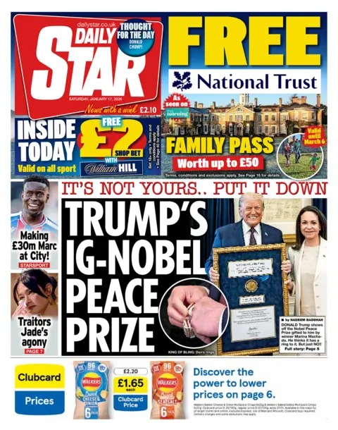 "Trump's ig-Nobel peace prize" reads the headline on the front page of the Daily Star.