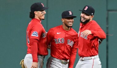 Boston Red Sox left fielder Jarren Duran (16) and center fielder Ceddanne Rafaela (3) and right fielder Wilyer Abreu