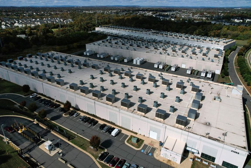 An aerial view of an Amazon Web Services Data Center known as US East 1 in Ashburn, Virginia, on October 20, 2025.