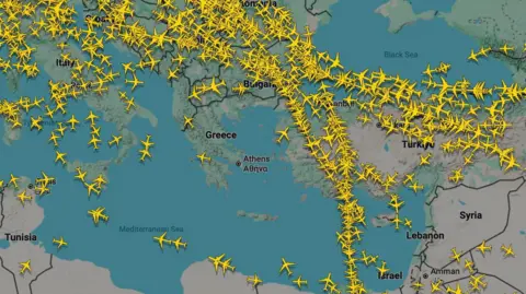 Reuters / Flightradar24 A flight radar map shows almost empty airspace over Greece, with flights using other countries' airspace