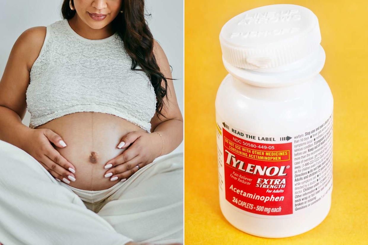 Getty A pregnant woman (stock image); a bottle of Tylenol pills