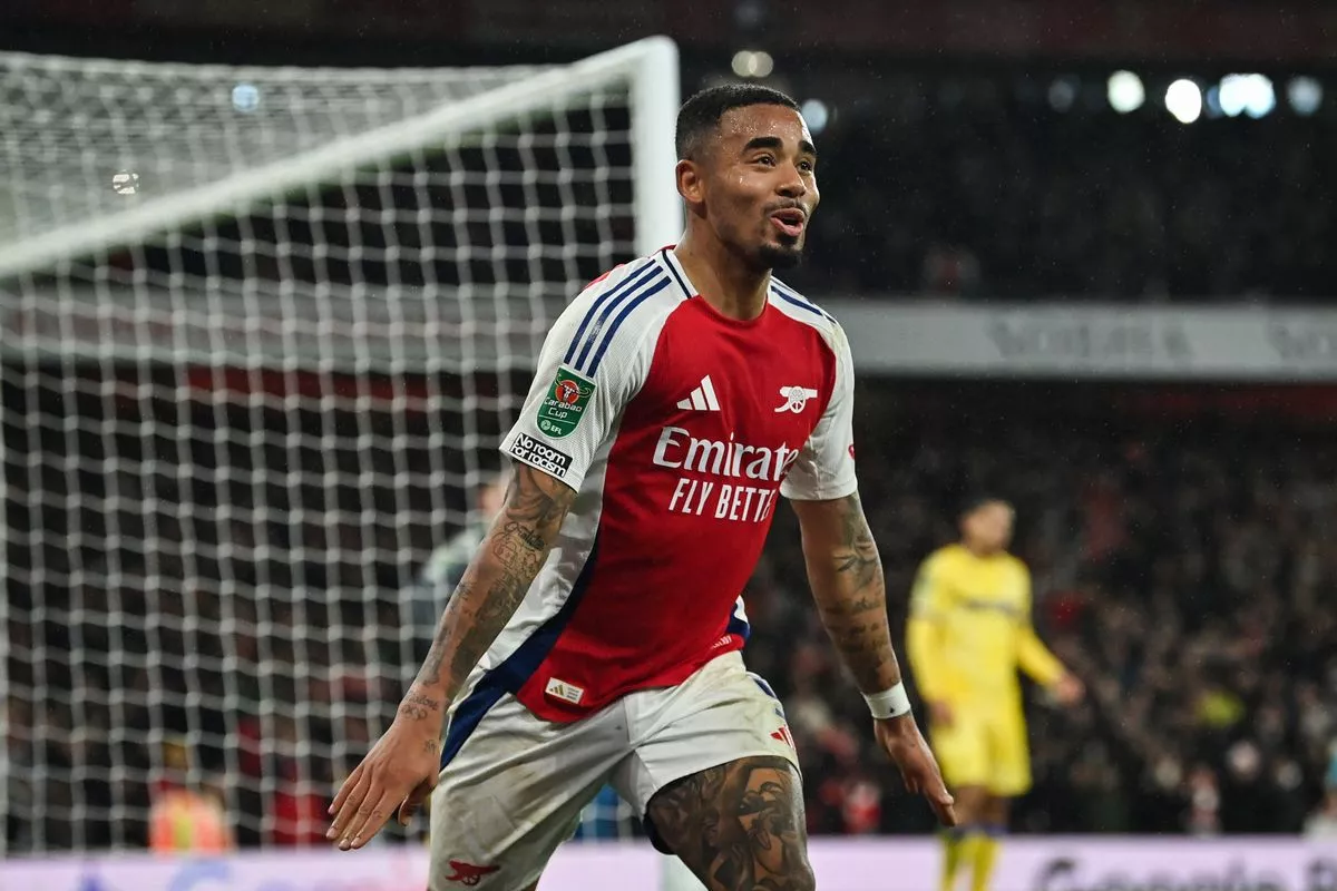 Arsenal's Brazilian striker #09 Gabriel Jesus celebrates after scoring his team second goal during the English League Cup quarter-final football match between Arsenal and Crystal Palace at the Emirates Stadium, in London, on December 18, 2024.