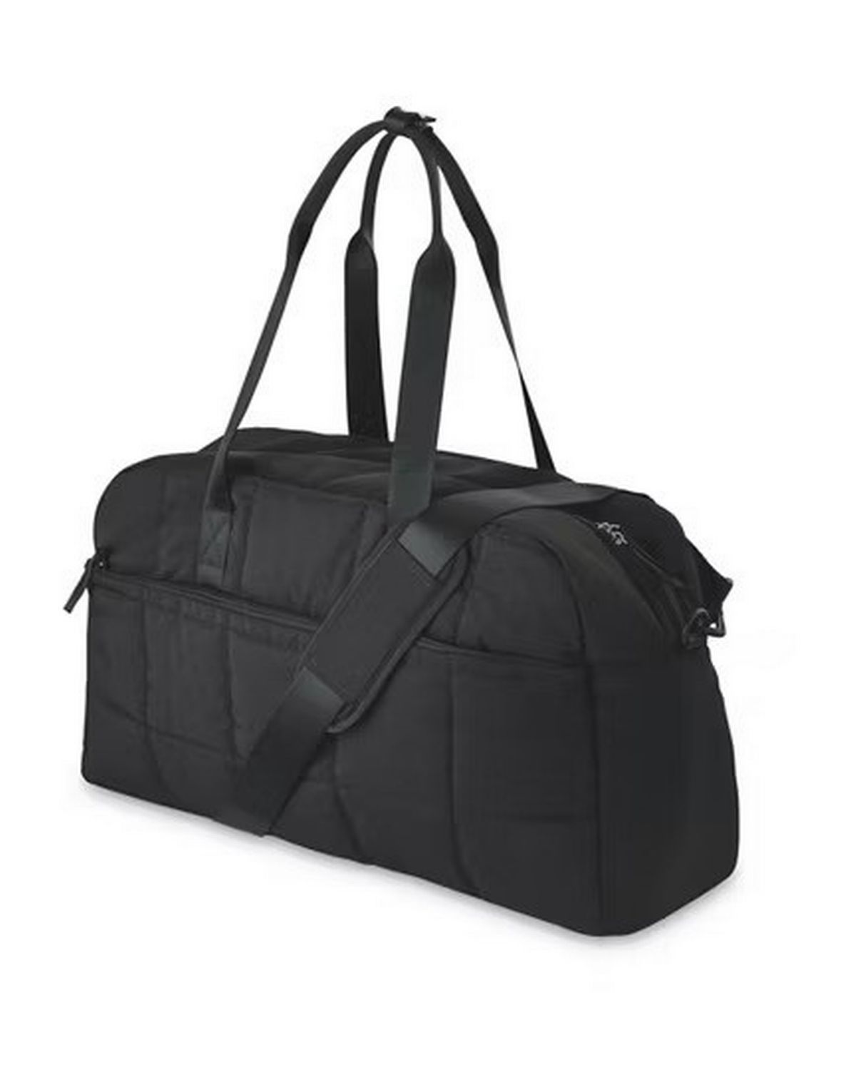 Black weekend bag with cross body strap and two handles pictured on a white background