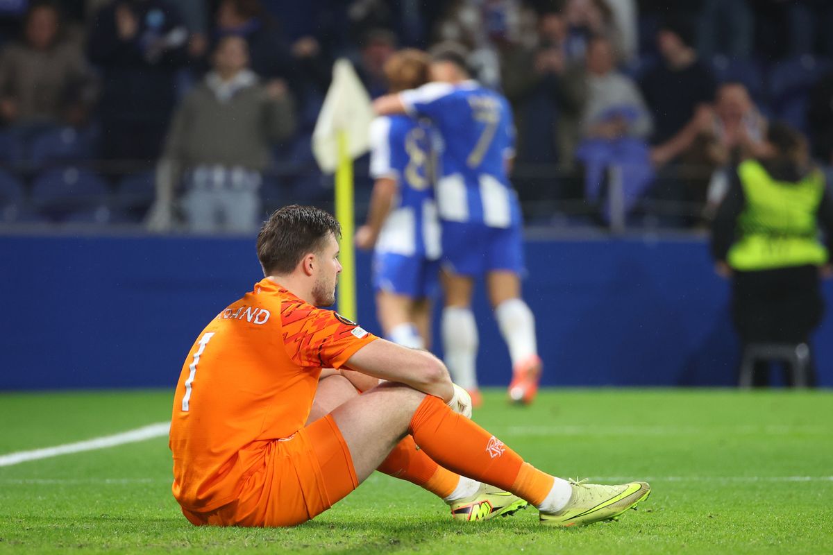 Rangers' goalkeeper Jack Butland reacts after Porto's Rodrigo Mora scores