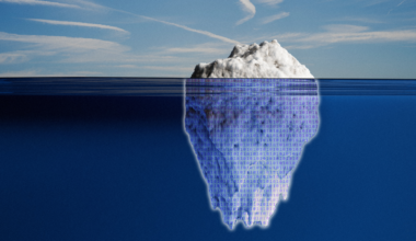 Photo illustration of an iceberg floating in water, with the larger part underwater covered in binary code