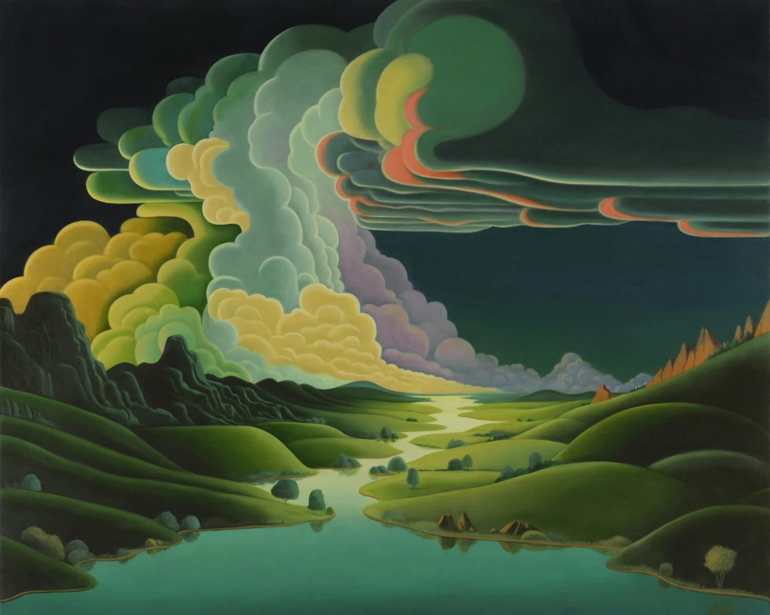 A landscape painting by Gabe Benzur of a riverine scene with billowing pastel-colored clouds