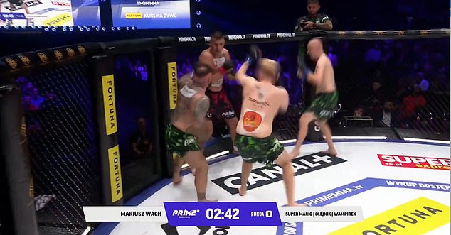 Polish boxer Mariusz Wach, who once fought Wladimir Klitschkofor a world heavyweight title, blasted through three opponents in three minutes during a bizarre MMA exhibition bout