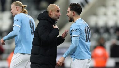 Rayan Cherki had an animated chat with Pep Guardiola after Man City's win at Newcastle