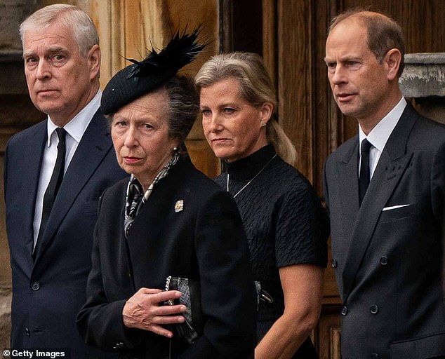 Left to right, former prince Andrew, Princess Anne, Sophie, Duchess of Edinburgh, and Prince Edward, Duke of Edinburgh, in 2022