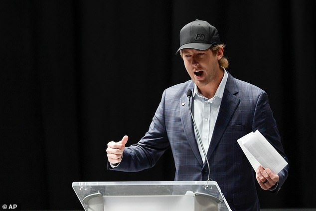 Garrett Mitchell speaks at the memorial service for former NASCAR driver Greg Biffle