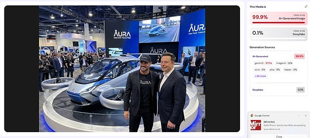 The new husband of Katie Price boasts of rubbing shoulders with Elon Musk (pictured). But the Daily Mail can reveal many of his claims seem artificial and photos are AI-generated