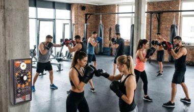 Dynamic boxing training in a modern gym: a group of motivated athletes in action ( (C) )