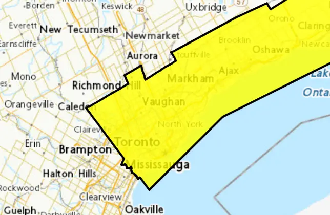 A map highlighting Toronto and surrounding neighborhoods in Ontario, Canada.