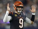 Joe Burrow of the Cincinnati Bengals celebrates a touchdown scored by Chase Brown against the Dallas Cowboys.