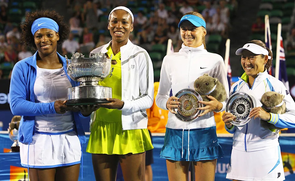 Serena and Venus Williams, pictured here alongside Daniela Hantuchova and Ai Sugiyama after the Australian Open women's doubles final in 2009.