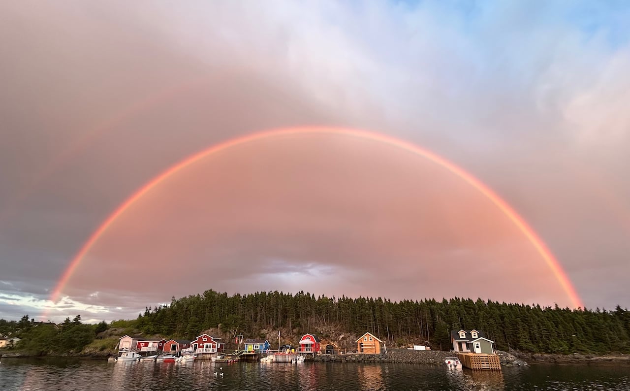 Rainbow over trees, buildings and water.