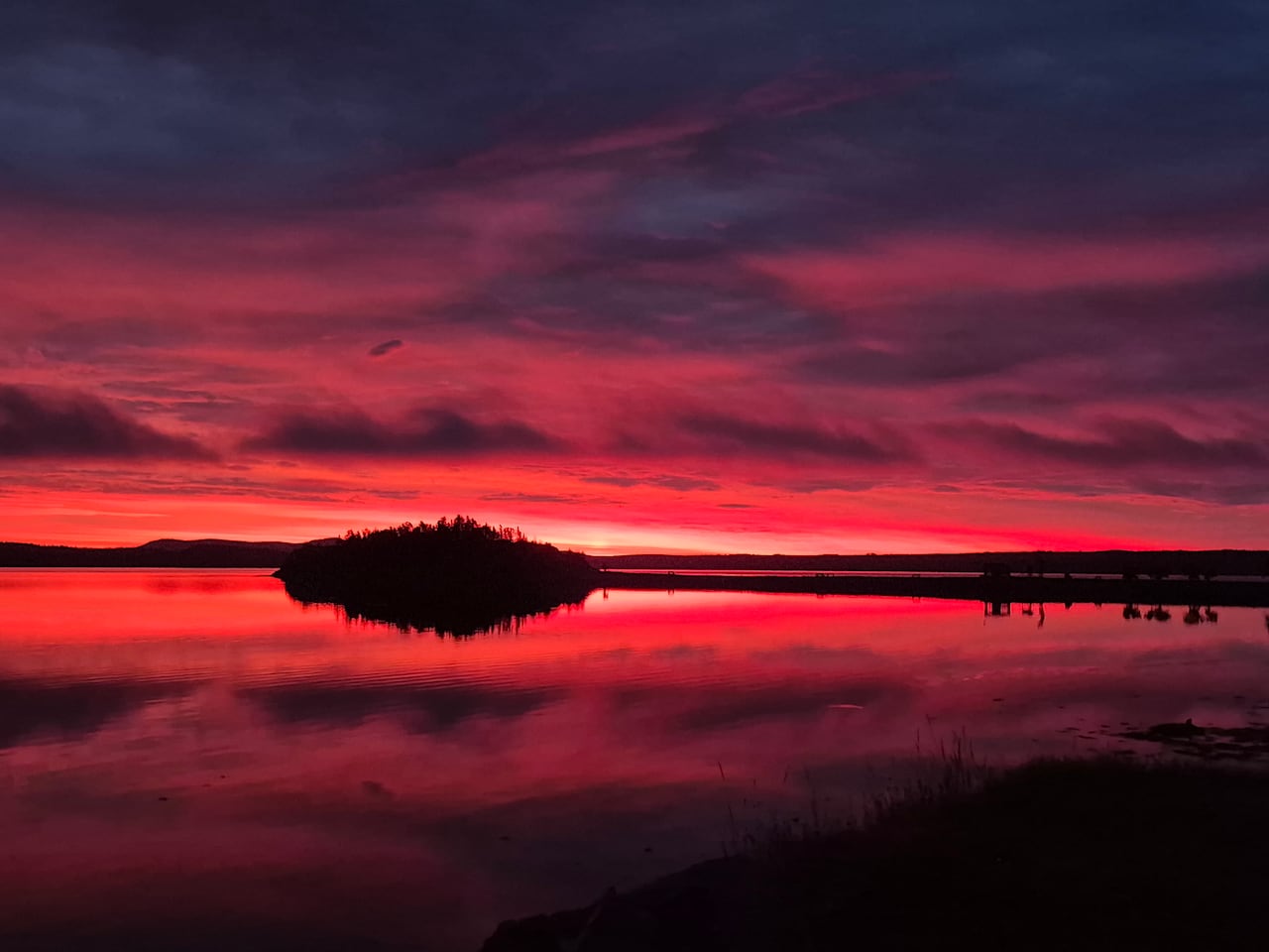 Red sunset over the water