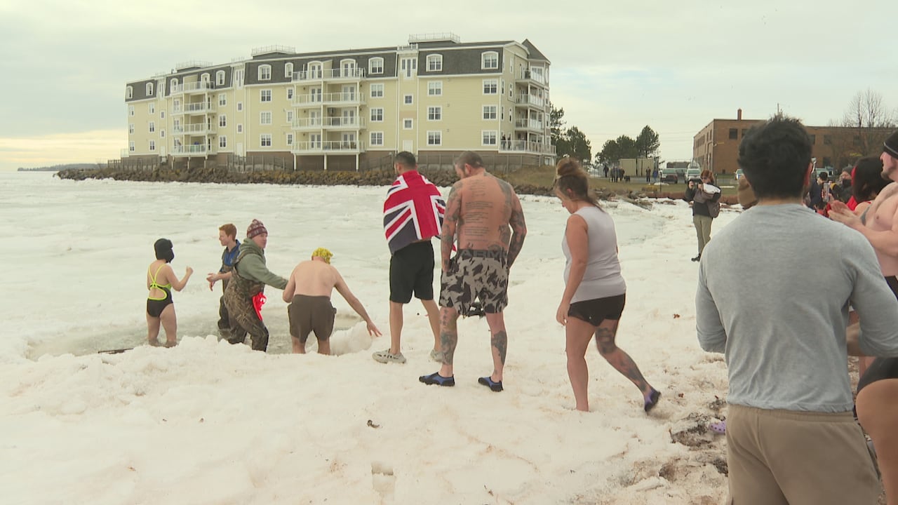 A line up of people wait their turn to do the Polar Bear Dip in Charlottetown. 
