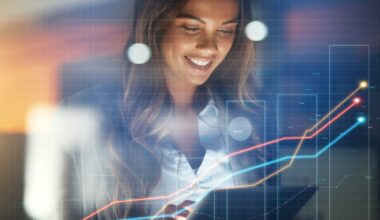 Business woman, tablet and stock market in double exposure for trading profit, increase and data growth at night. Happy trader, analyst or investor with finance graphs, arrow or statistics in overlay stock photo