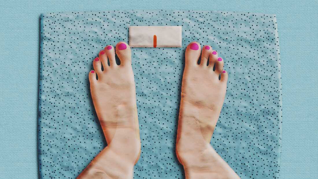 An illustration in a sort of papier-mâché technique showing a close-up point of view image looking down at white feet with pink painted toe nails on a blue bathroom scale with a red weight indicator in the middle of a white number window, though no numbers are visible.